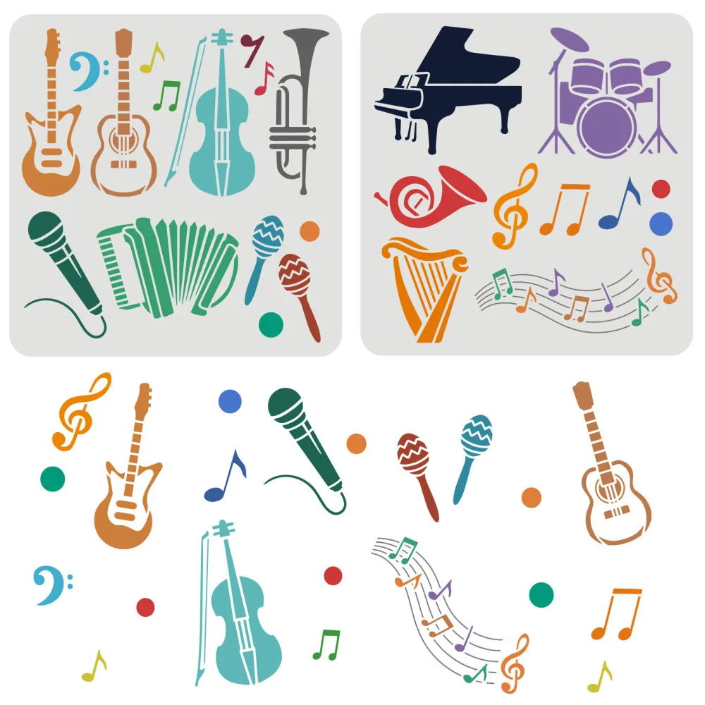 Musical Instrument In Drawing - 2 قطعة الإستنسل الآلات الموسيقية قابلة